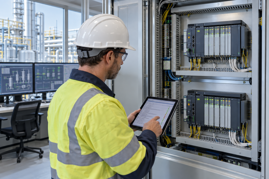 Bright process control cabinet during redundant DCS controller failover validation 2026