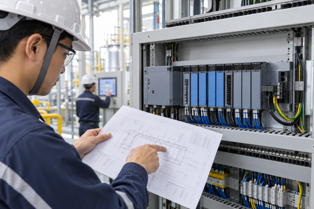 Yokogawa FA-M3 base unit and I/O module seating checked in a bright process-plant control cabinet 2026