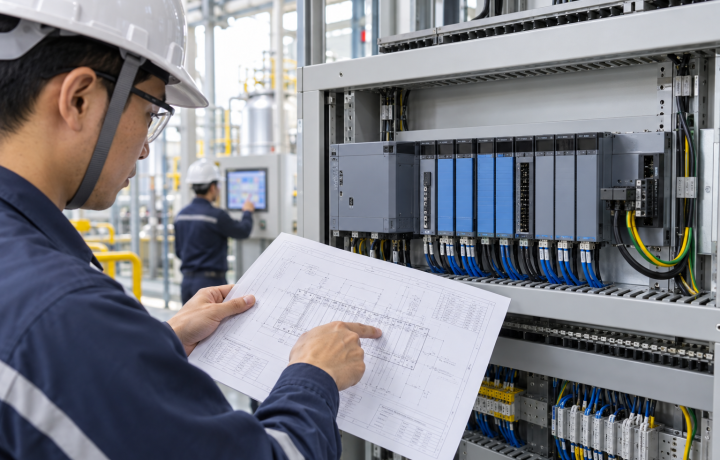 Yokogawa FA-M3 base unit and I/O module seating checked in a bright process-plant control cabinet 2026