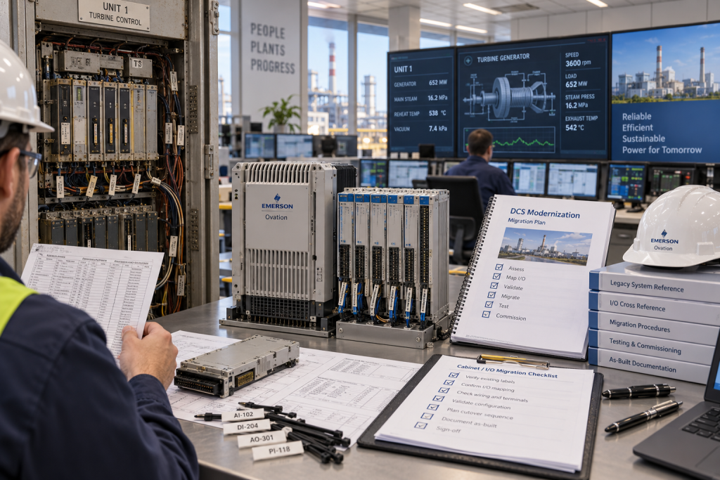 Emerson Ovation DCS controller and upgrade planning checklist in a bright power plant control room 2026