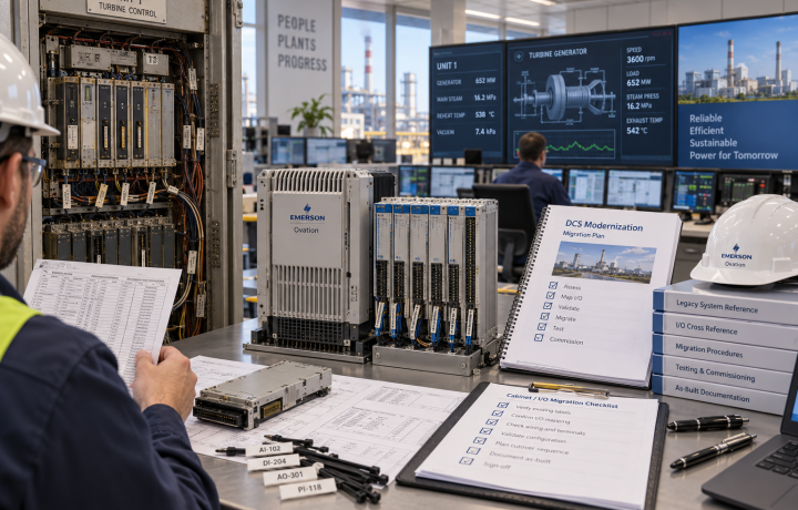 Emerson Ovation DCS controller and upgrade planning checklist in a bright power plant control room 2026